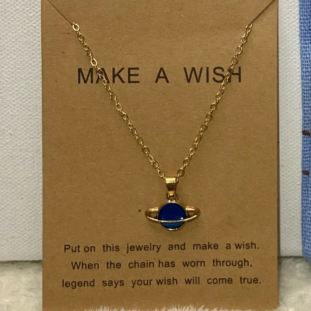 Planet Saturn Necklace ~ outer space w Make a Wish card solar system sky